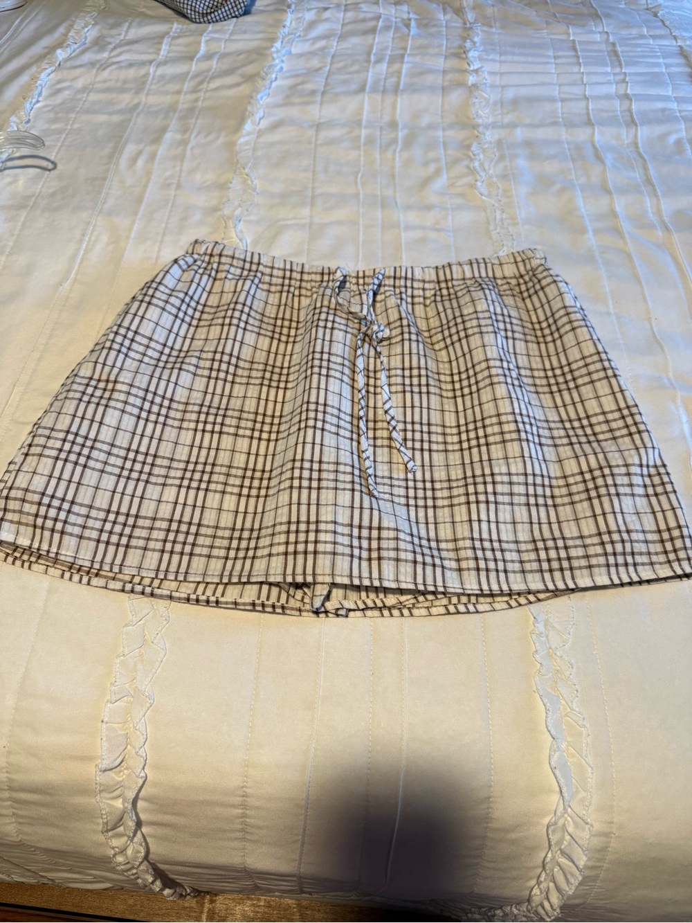 Plaid Drawstring Skort in Cream and Brown
